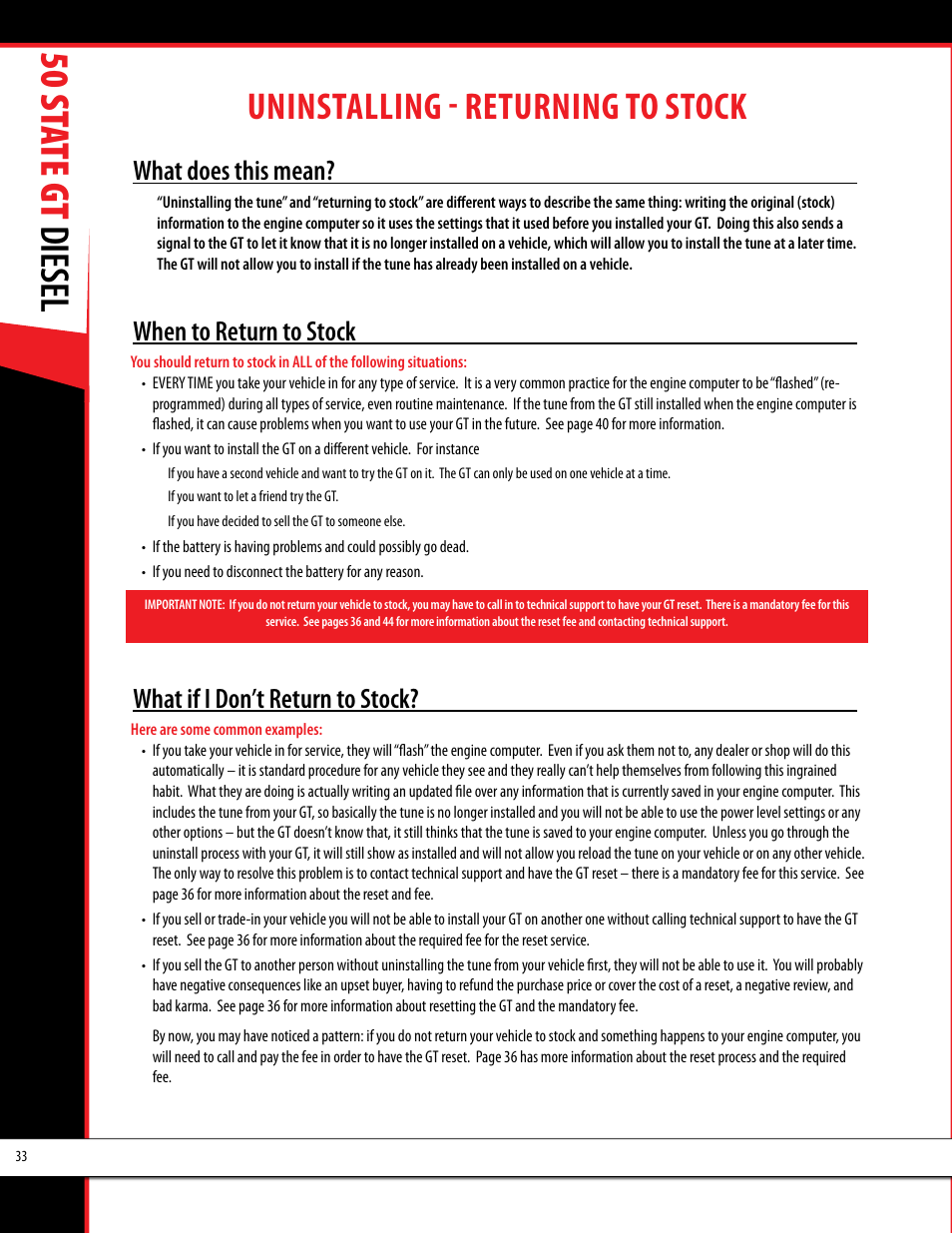 50 st ate gt diesel, Uninstalling - returning to stock, What does this mean | When to return to stock, What if i don’t return to stock | Bully Dog 40425 50 State GT Diesel User Manual | Page 34 / 48