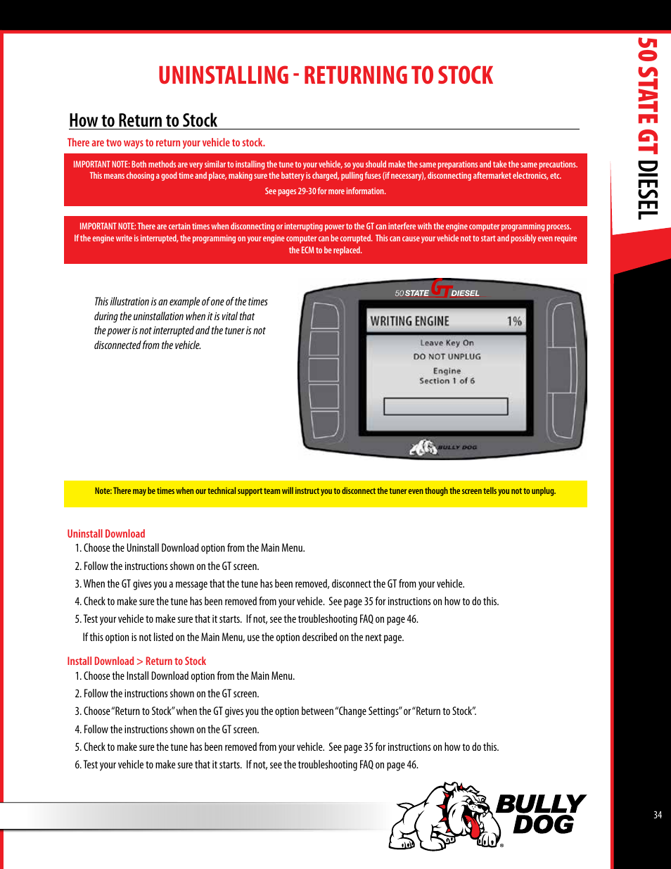 50 st ate gt diesel, Uninstalling - returning to stock, How to return to stock | Bully Dog 40425 50 State GT Diesel User Manual | Page 35 / 48