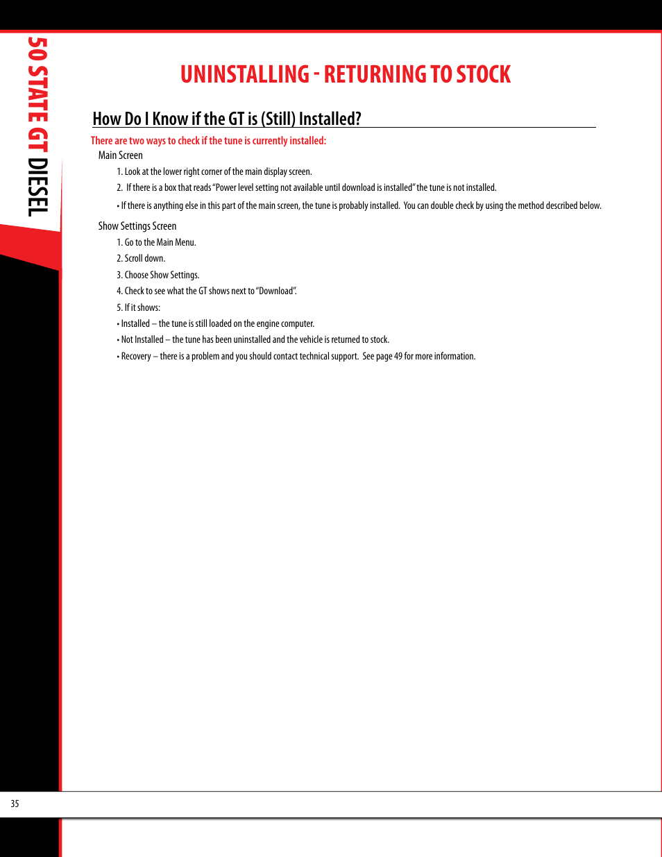 50 st ate gt diesel, Uninstalling - returning to stock | Bully Dog 40425 50 State GT Diesel User Manual | Page 36 / 48