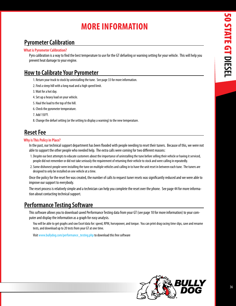 50 st ate gt diesel, More information, Pyrometer calibration | How to calibrate your pyrometer, Reset fee, Performance testing software | Bully Dog 40425 50 State GT Diesel User Manual | Page 37 / 48