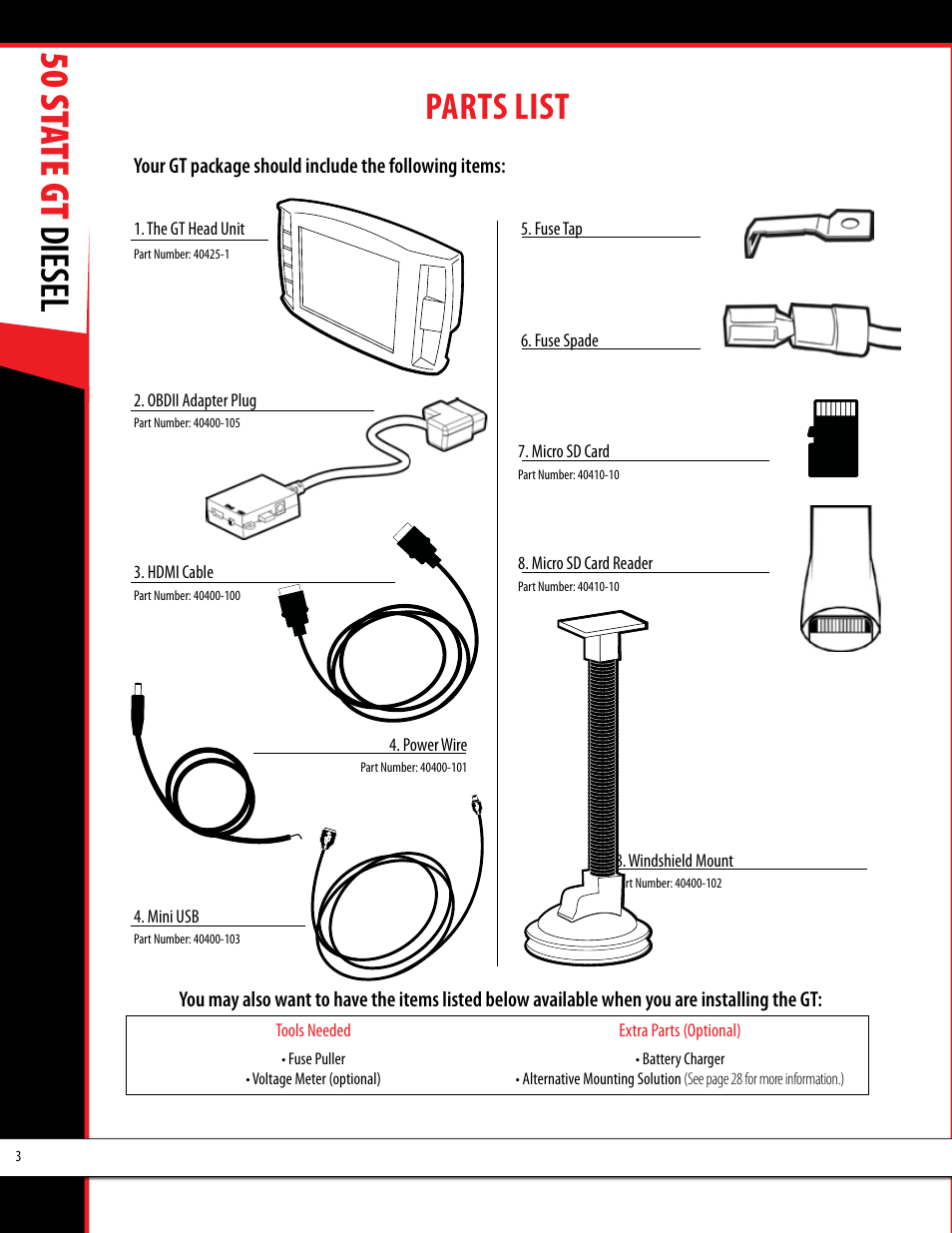 50 st ate gt diesel, Parts list | Bully Dog 40425 50 State GT Diesel User Manual | Page 4 / 48