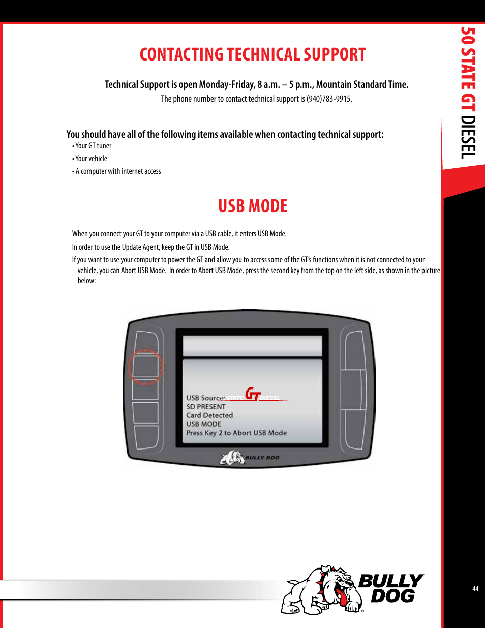 50 st ate gt diesel, Contacting technical support, Usb mode | Bully Dog 40425 50 State GT Diesel User Manual | Page 45 / 48