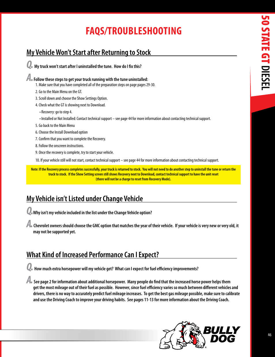 50 st ate gt diesel, Faqs/troubleshooting | Bully Dog 40425 50 State GT Diesel User Manual | Page 47 / 48