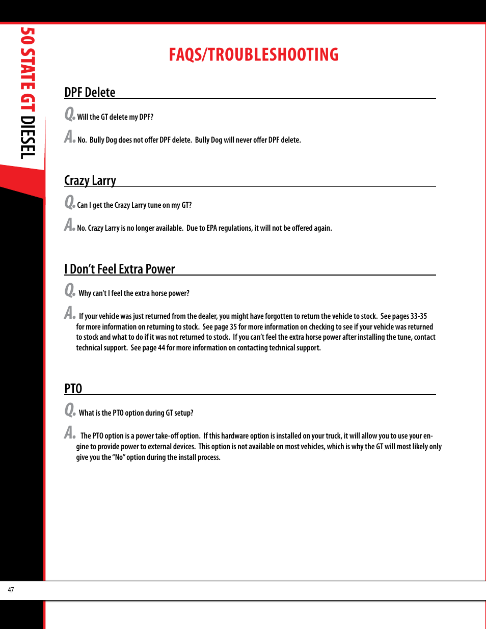 50 st ate gt diesel, Faqs/troubleshooting | Bully Dog 40425 50 State GT Diesel User Manual | Page 48 / 48
