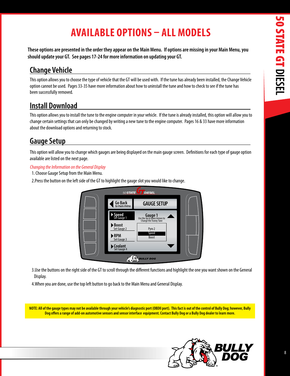 50 st ate gt diesel, Available options – all models, Change vehicle | Install download, Gauge setup | Bully Dog 40425 50 State GT Diesel User Manual | Page 9 / 48