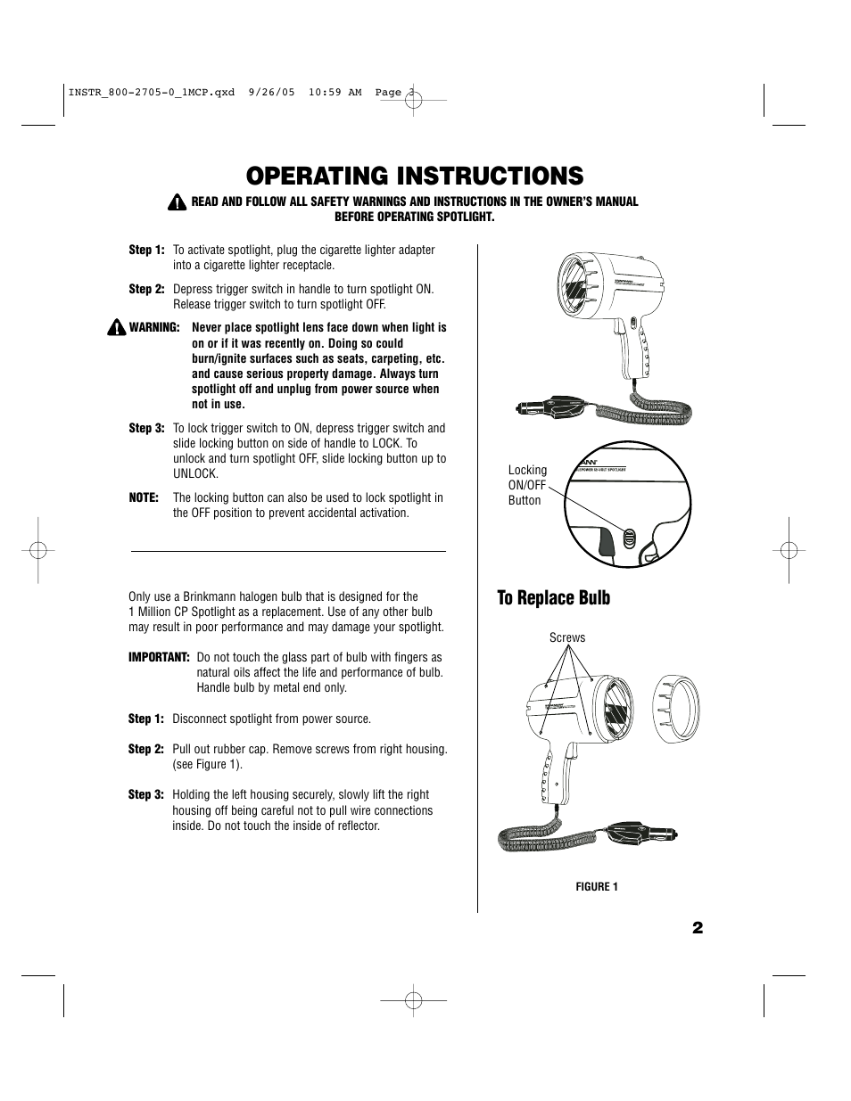 Operating instructions | Brinkmann 1 MILLION CANDLEPOWER 12-VOLT SPOTLIGHT 800-2705-0 User Manual | Page 3 / 8