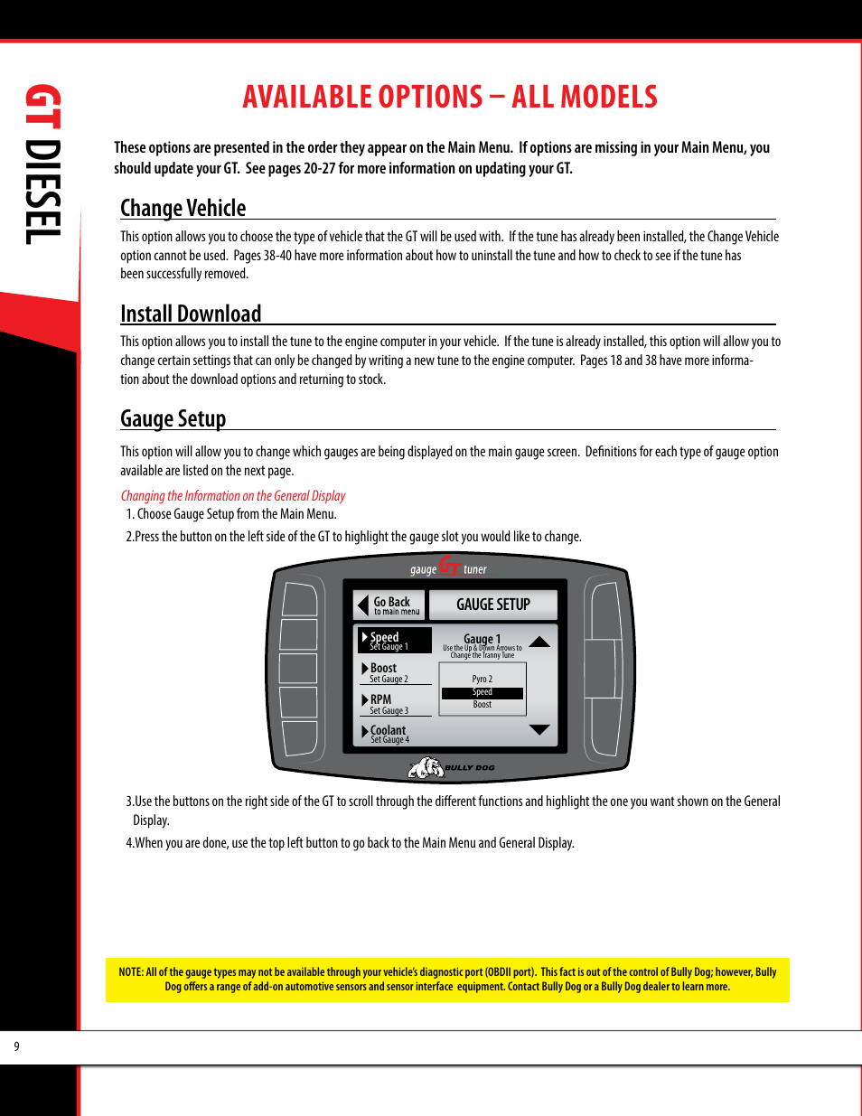 Gt diesel, Available options – all models, Change vehicle | Install download, Gauge setup | Bully Dog 40420 gauge GT tuner User Manual | Page 10 / 54