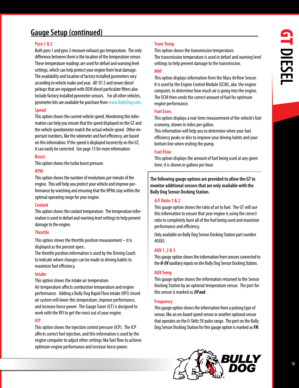 Gt diesel, Gauge setup (continued) | Bully Dog 40420 gauge GT tuner User Manual | Page 11 / 54