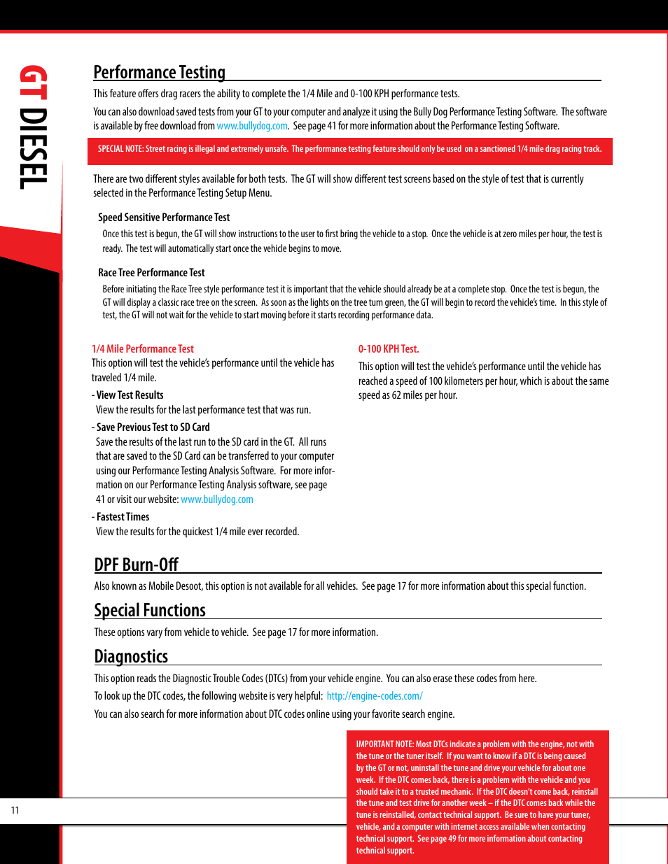 Gt diesel, Performance testing, Dpf burn-off | Special functions, Diagnostics | Bully Dog 40420 gauge GT tuner User Manual | Page 12 / 54