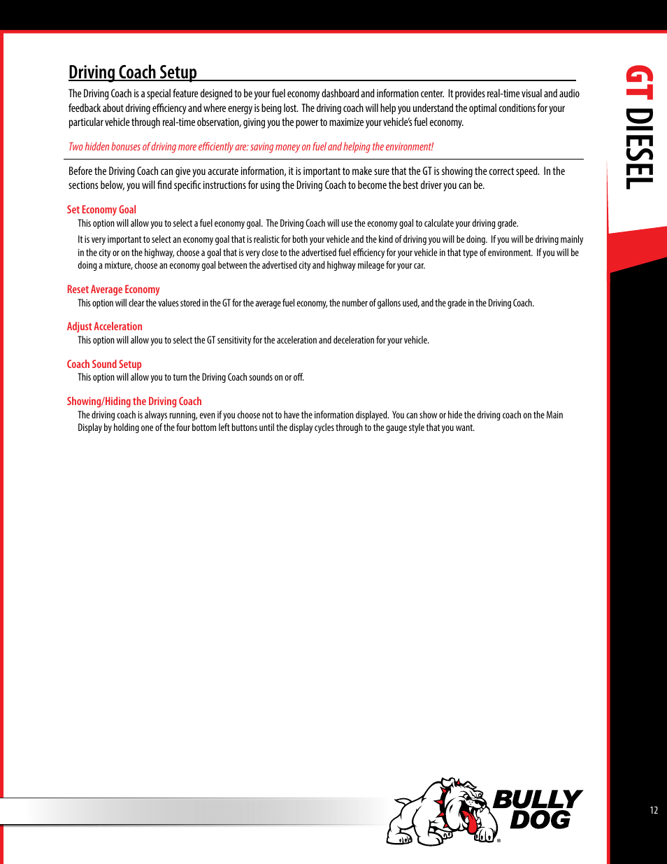 Gt diesel, Driving coach setup | Bully Dog 40420 gauge GT tuner User Manual | Page 13 / 54