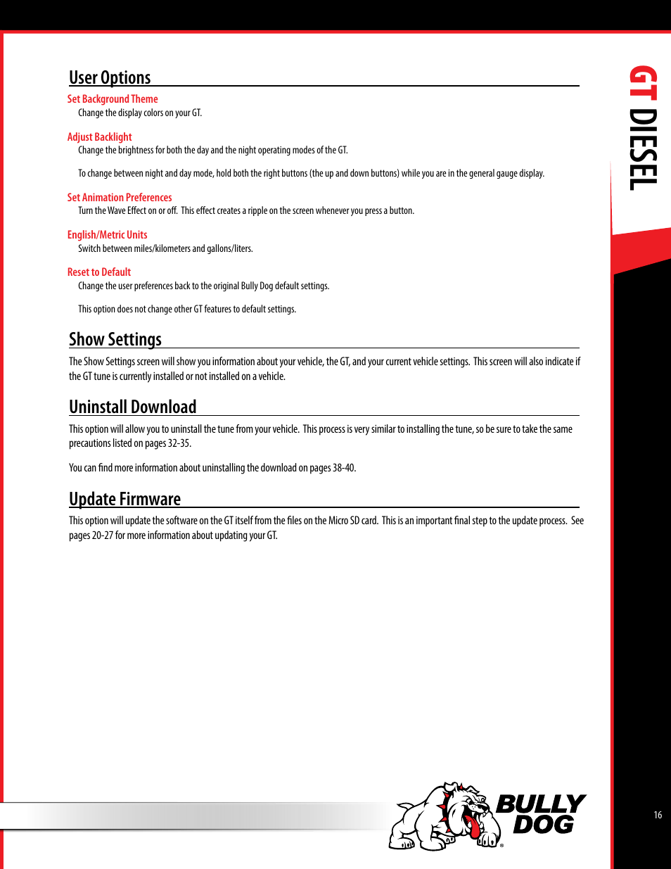 Gt diesel, User options, Show settings | Uninstall download, Update firmware | Bully Dog 40420 gauge GT tuner User Manual | Page 17 / 54