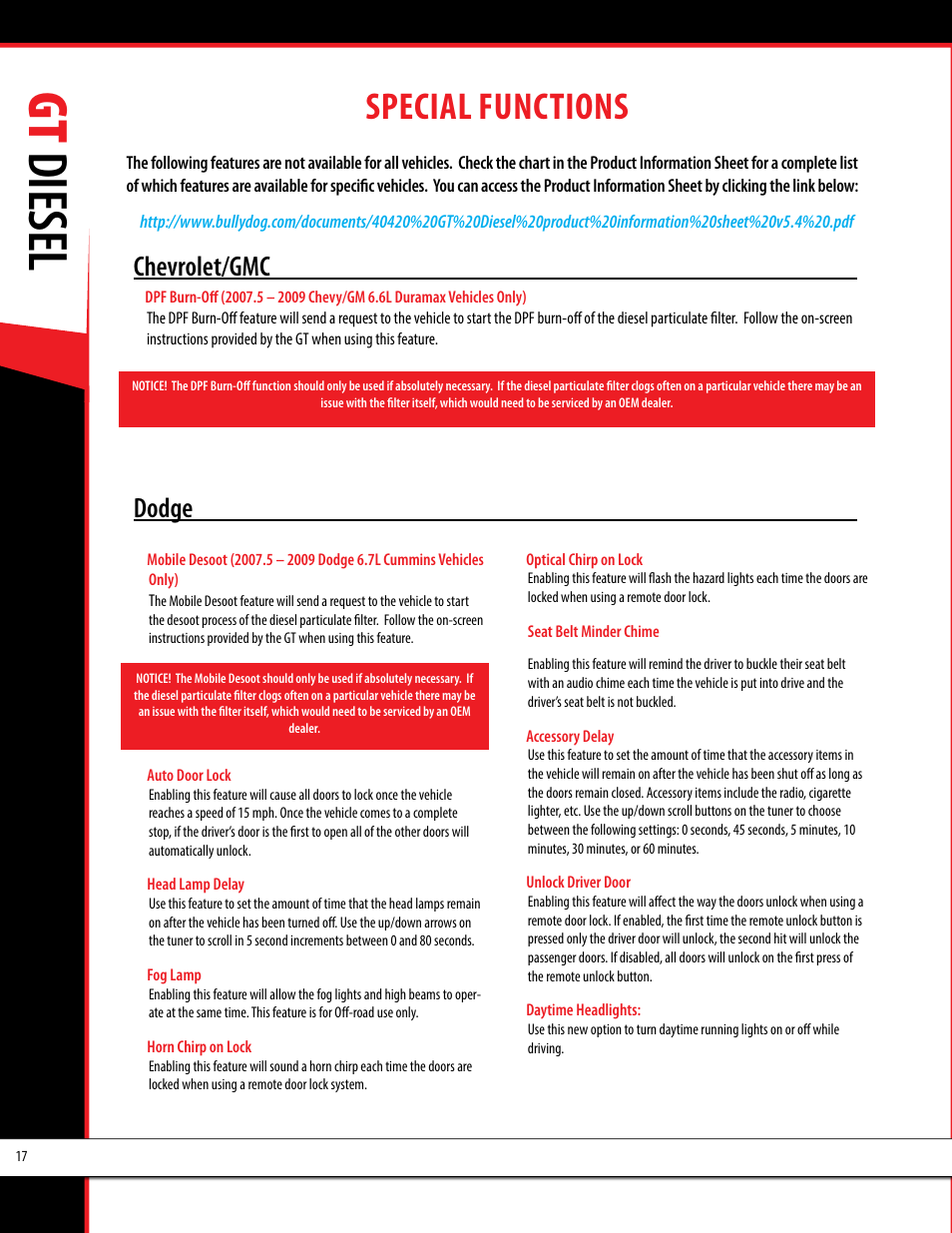 Gt diesel, Special functions, Chevrolet/gmc | Dodge | Bully Dog 40420 gauge GT tuner User Manual | Page 18 / 54