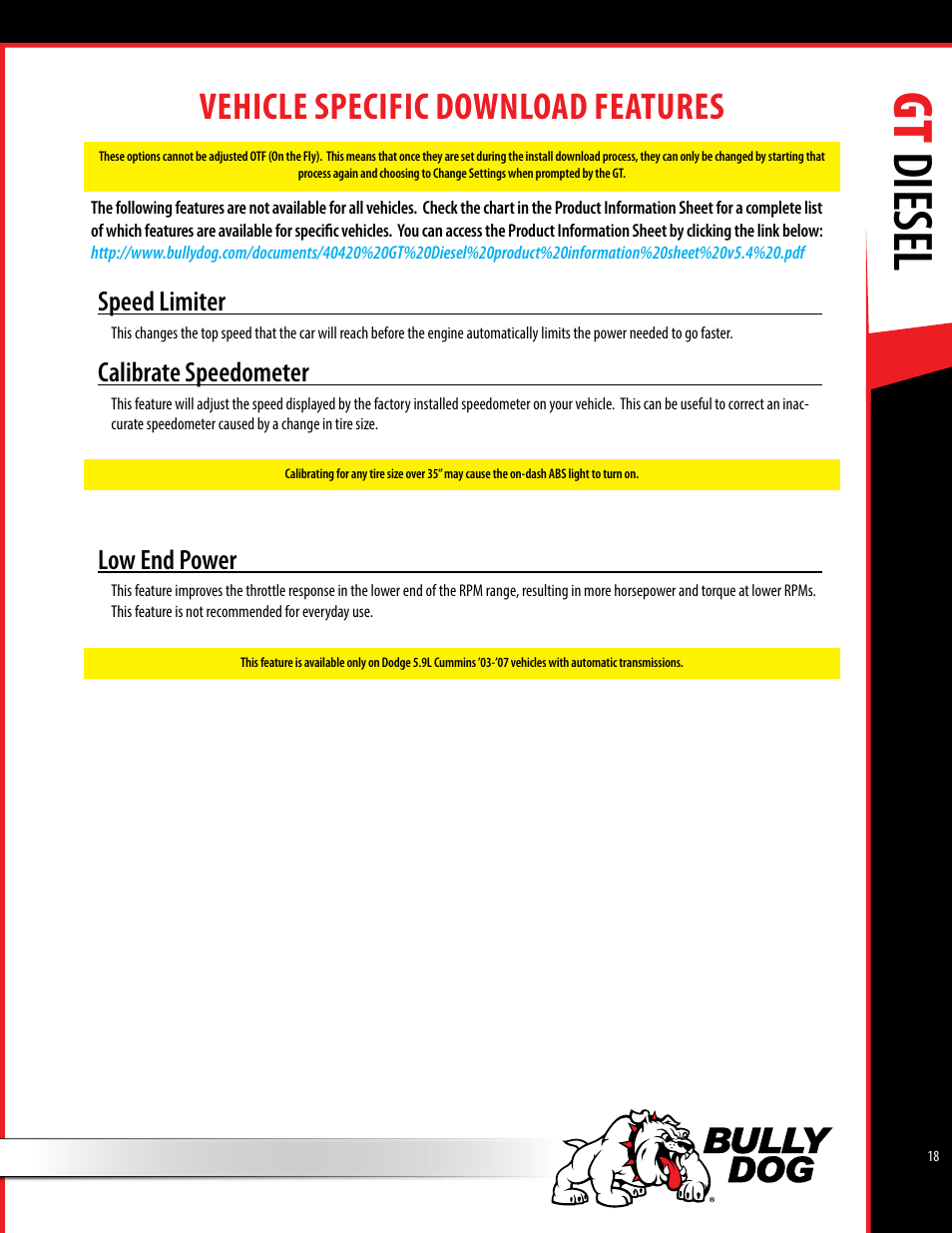Gt diesel, Vehicle specific download features, Speed limiter | Calibrate speedometer, Low end power | Bully Dog 40420 gauge GT tuner User Manual | Page 19 / 54