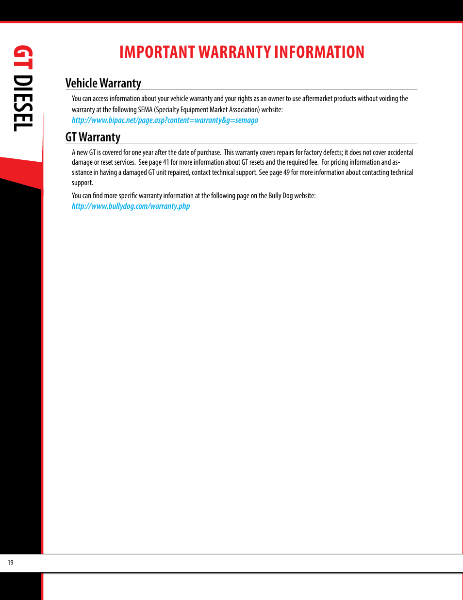 Gt diesel, Important warranty information | Bully Dog 40420 gauge GT tuner User Manual | Page 20 / 54