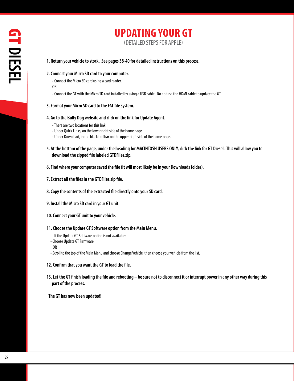 Gt diesel, Updating your gt | Bully Dog 40420 gauge GT tuner User Manual | Page 28 / 54