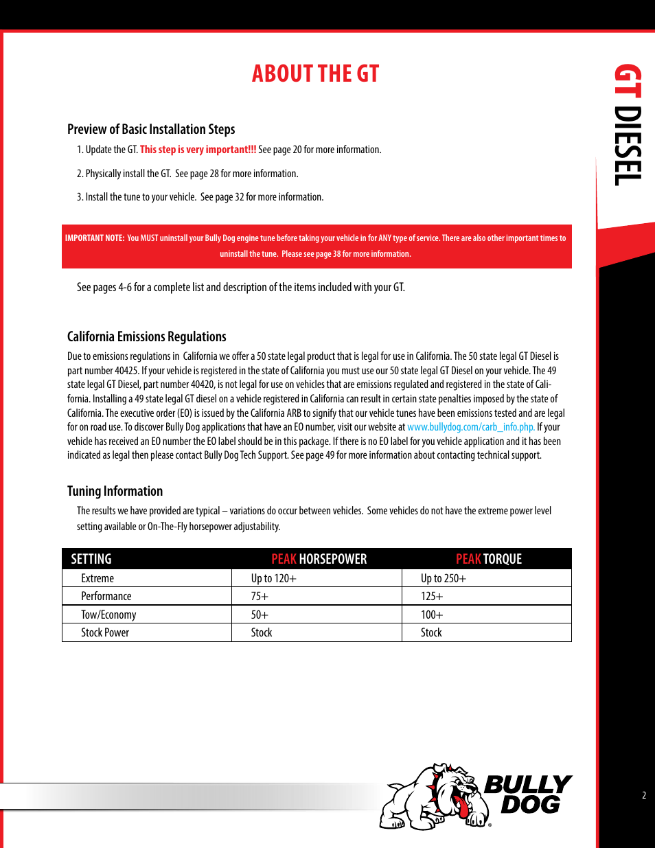 Gt diesel, About the gt | Bully Dog 40420 gauge GT tuner User Manual | Page 3 / 54