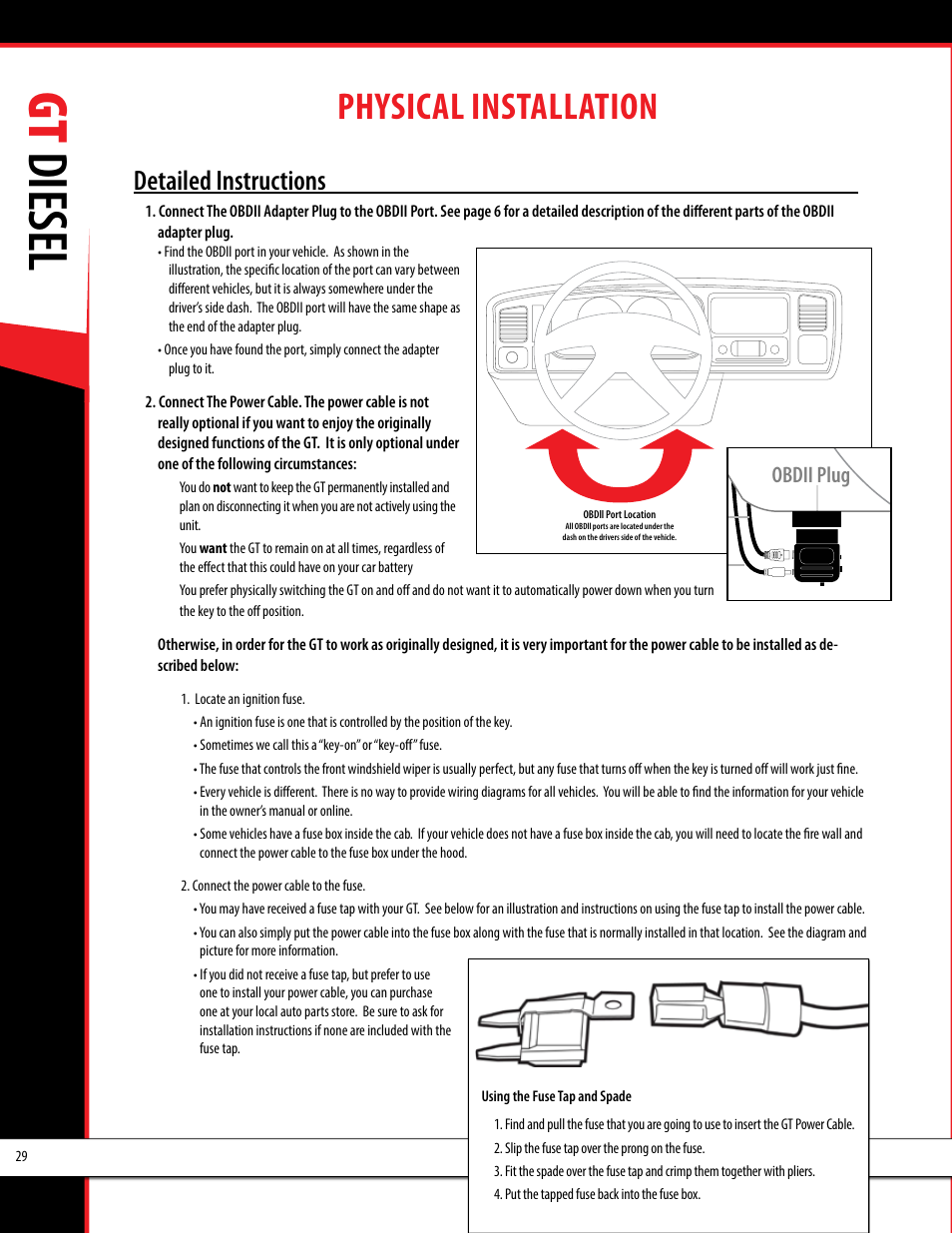 Gt diesel, Physical installation, Obdii adapter plug installation diagram | Detailed instructions | Bully Dog 40420 gauge GT tuner User Manual | Page 30 / 54