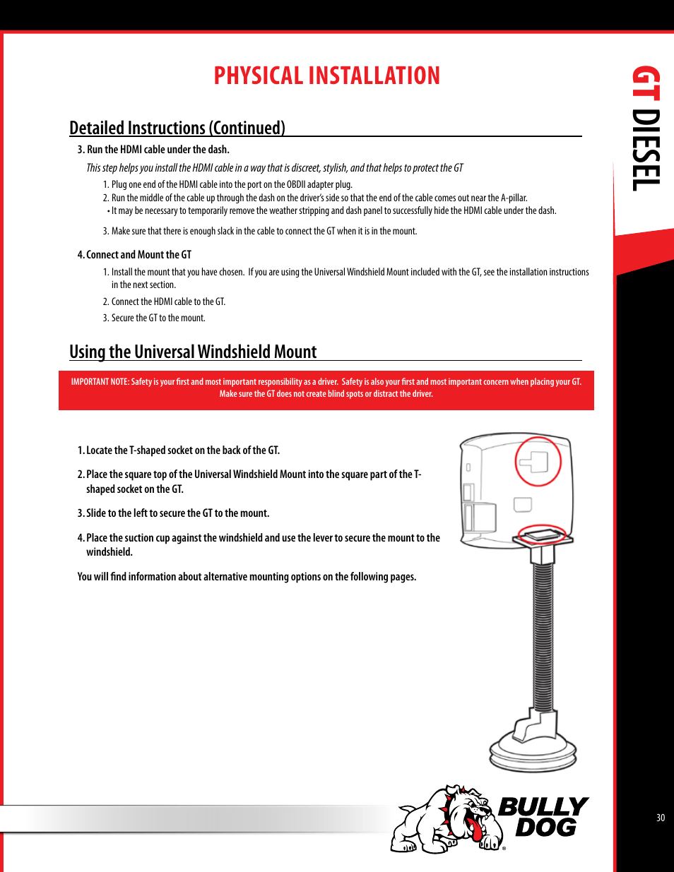 Gt diesel, Physical installation, Detailed instructions (continued) | Using the universal windshield mount | Bully Dog 40420 gauge GT tuner User Manual | Page 31 / 54