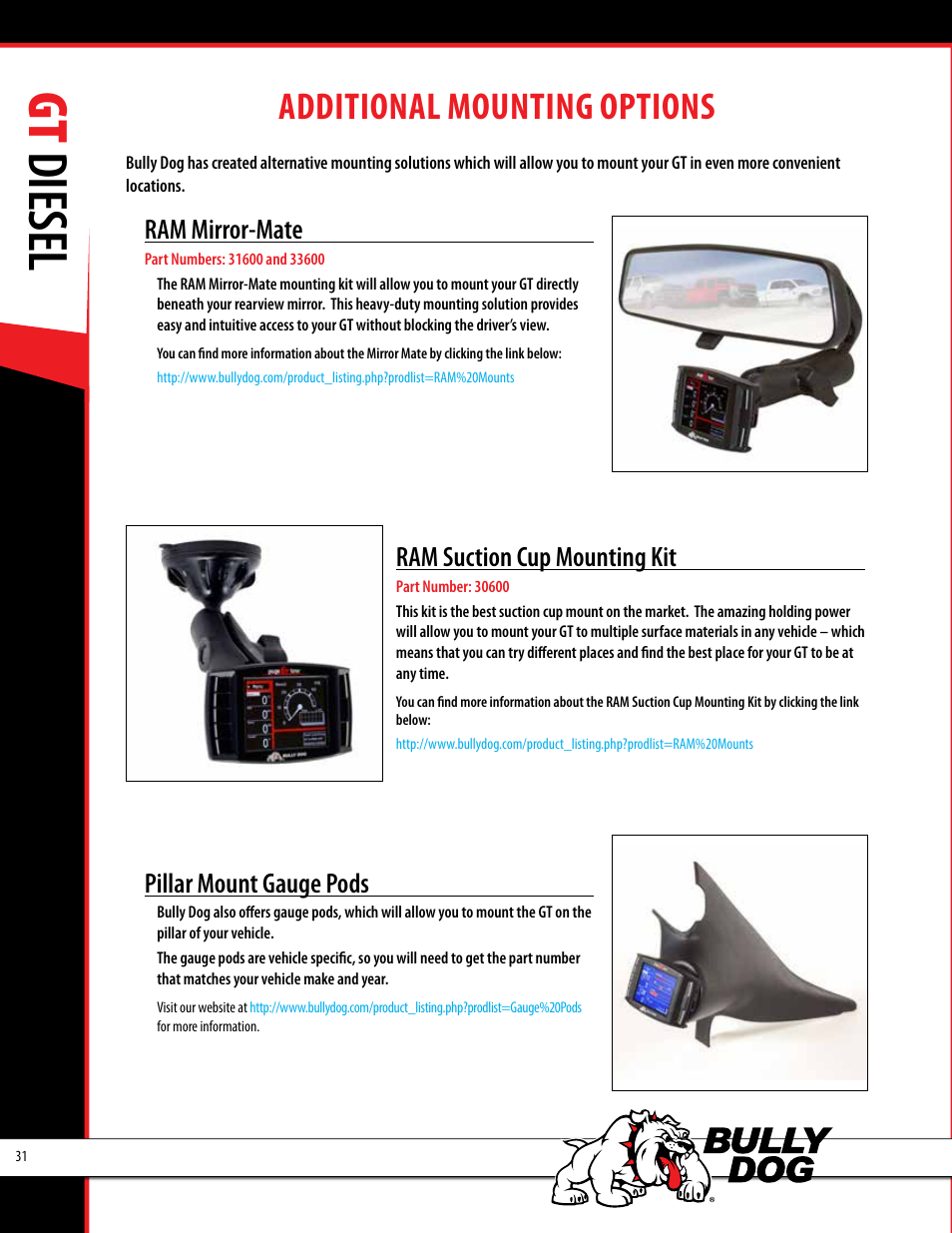 Gt diesel, Additional mounting options, Ram mirror-mate | Ram suction cup mounting kit, Pillar mount gauge pods | Bully Dog 40420 gauge GT tuner User Manual | Page 32 / 54