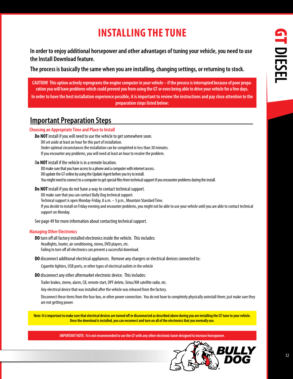 Gt diesel, Installing the tune, Important preparation steps | Bully Dog 40420 gauge GT tuner User Manual | Page 33 / 54
