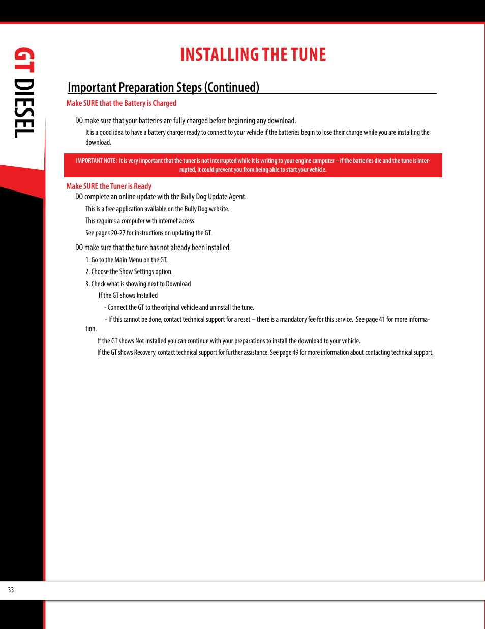 Gt diesel, Installing the tune, Important preparation steps (continued) | Bully Dog 40420 gauge GT tuner User Manual | Page 34 / 54