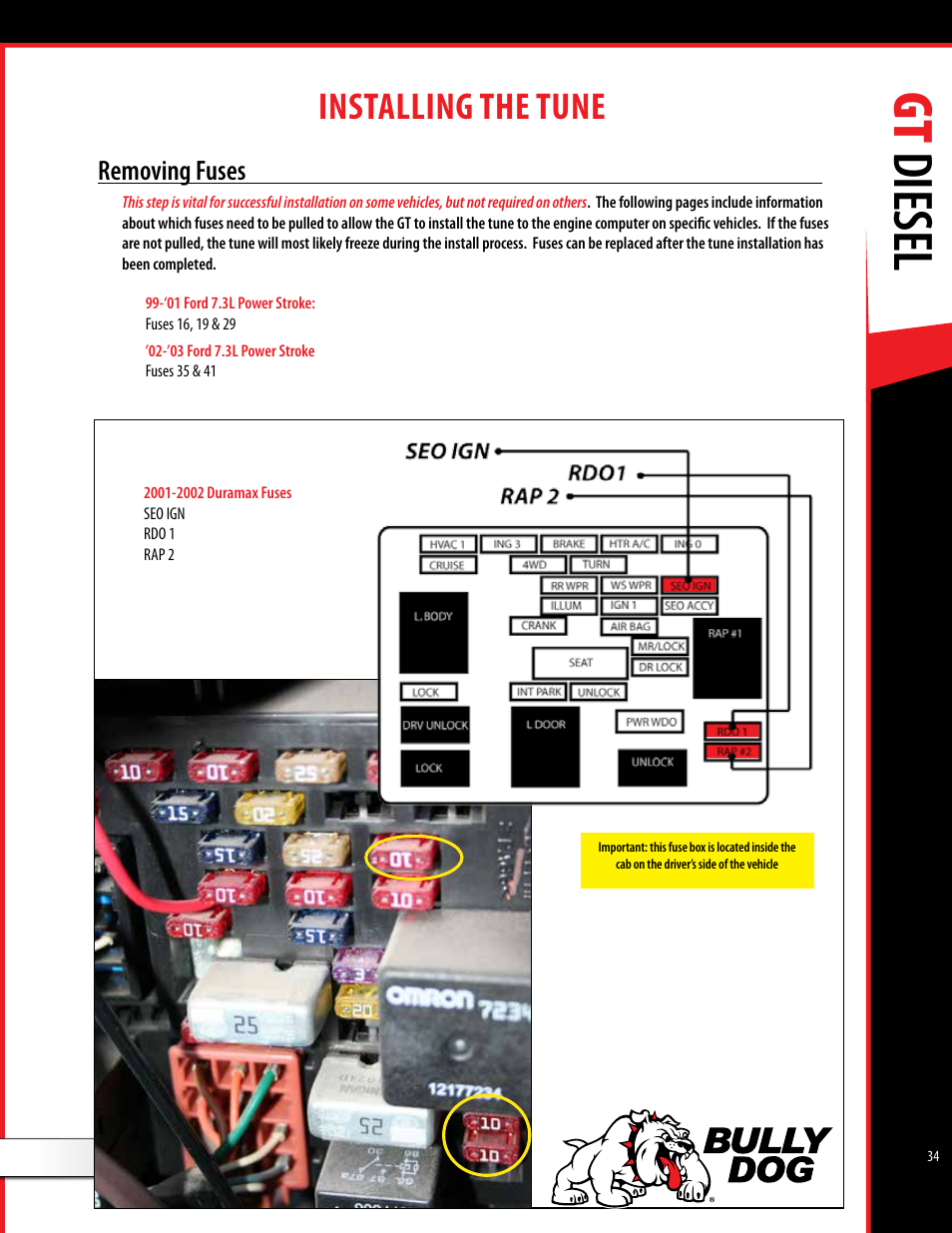 Gt diesel, Installing the tune, Removing fuses | Bully Dog 40420 gauge GT tuner User Manual | Page 35 / 54