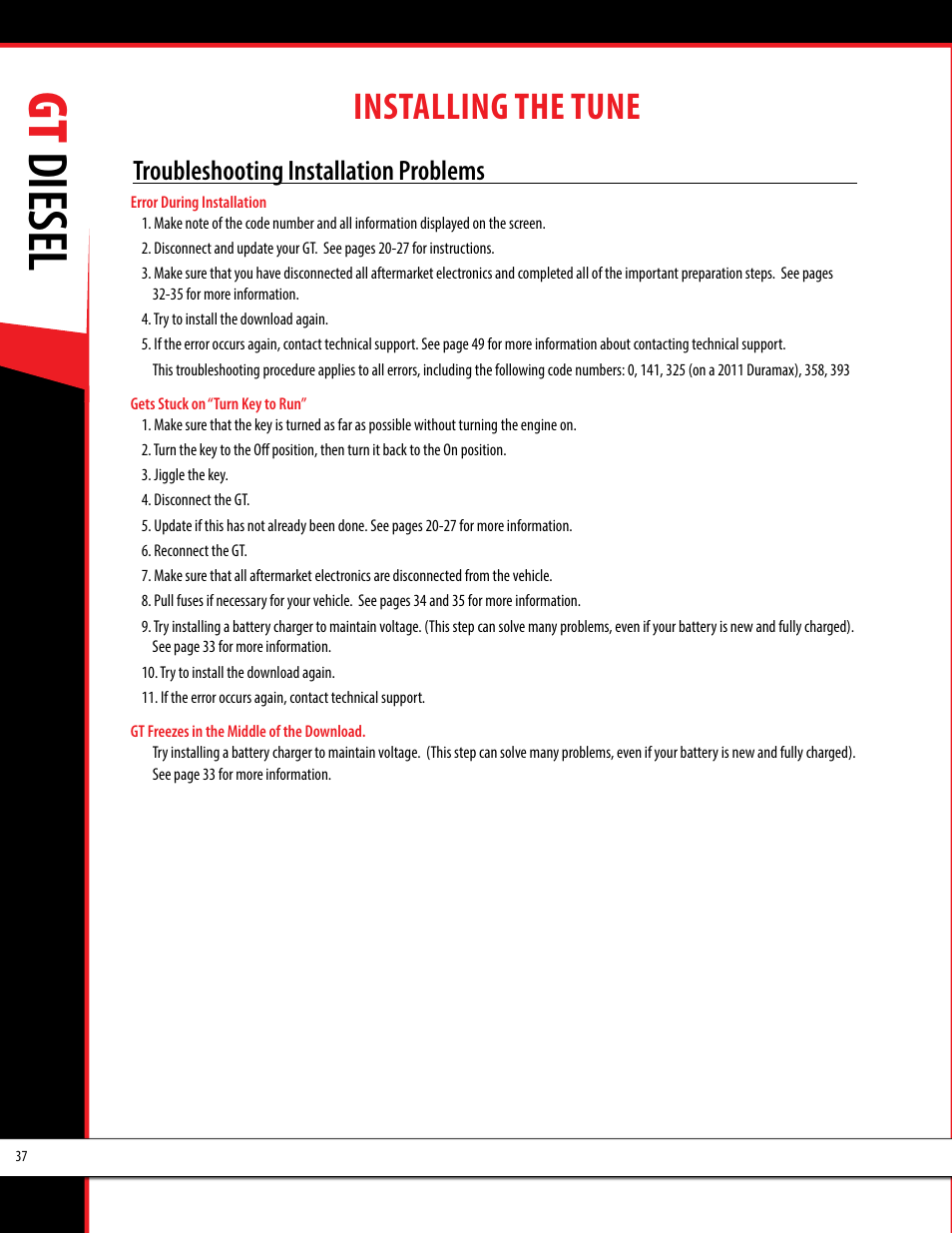 Gt diesel, Installing the tune, Troubleshooting installation problems | Bully Dog 40420 gauge GT tuner User Manual | Page 38 / 54