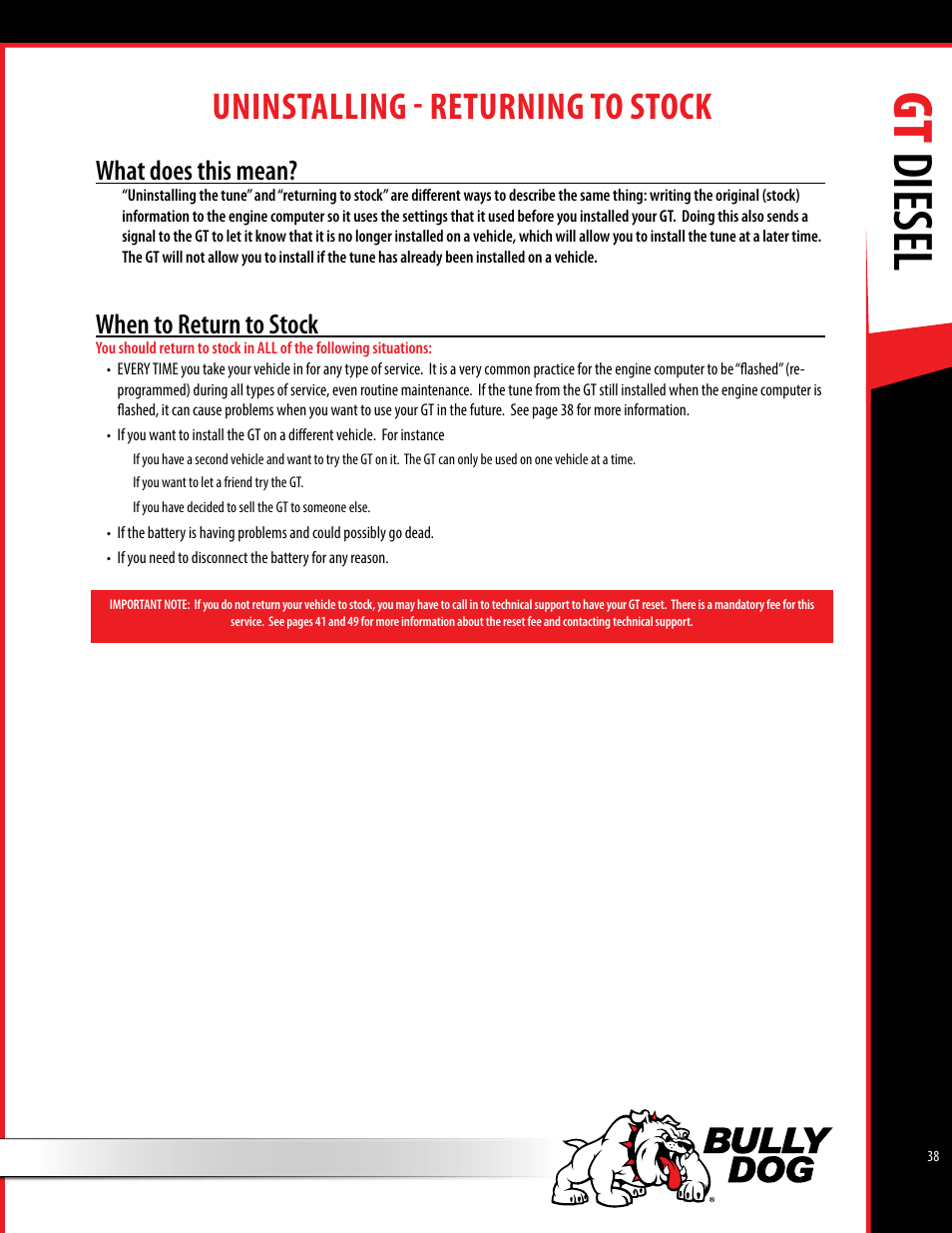 Gt diesel, Uninstalling - returning to stock, What does this mean | When to return to stock | Bully Dog 40420 gauge GT tuner User Manual | Page 39 / 54