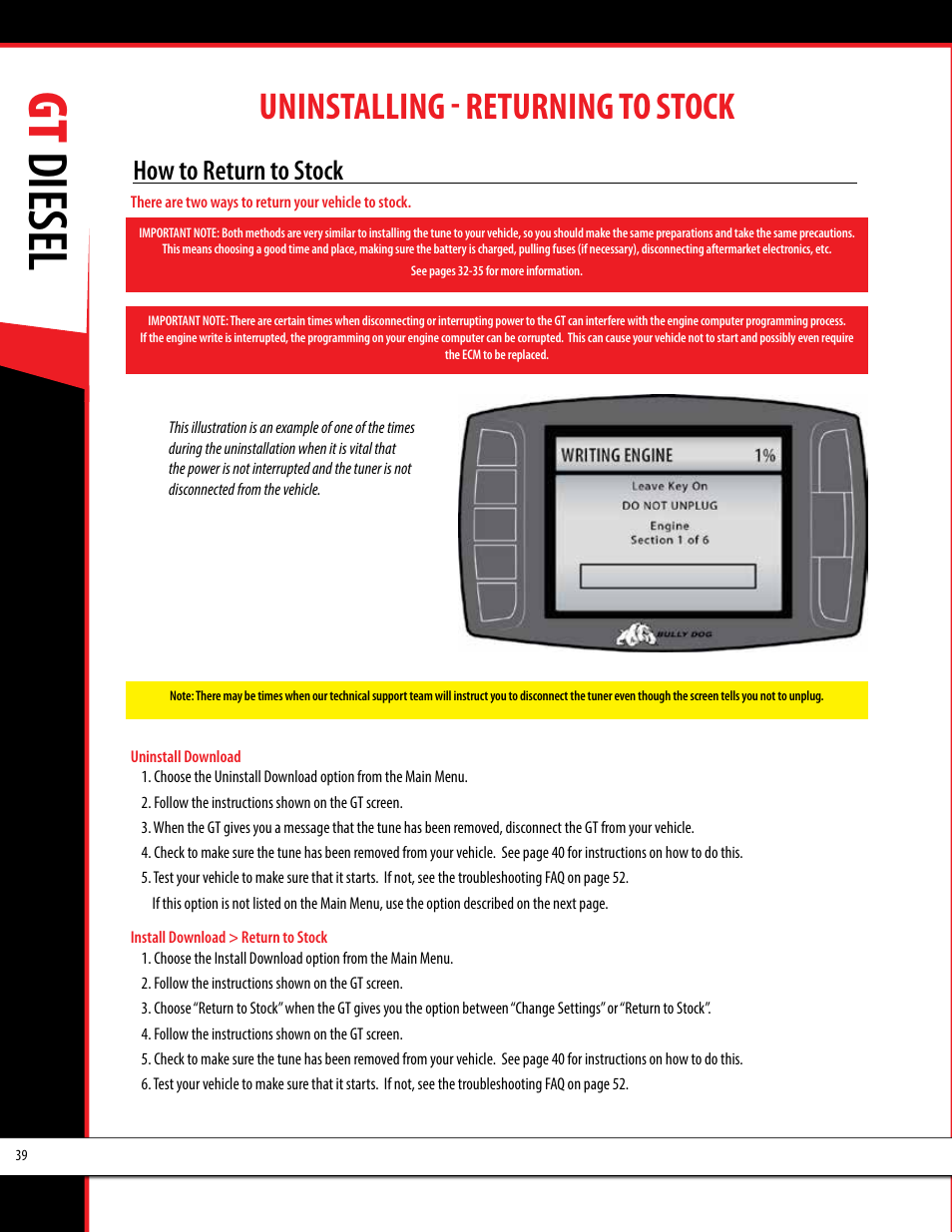 Gt diesel, Uninstalling - returning to stock, How to return to stock | Bully Dog 40420 gauge GT tuner User Manual | Page 40 / 54