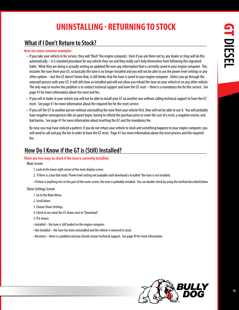 Gt diesel, Uninstalling - returning to stock, What if i don’t return to stock | How do i know if the gt is (still) installed | Bully Dog 40420 gauge GT tuner User Manual | Page 41 / 54