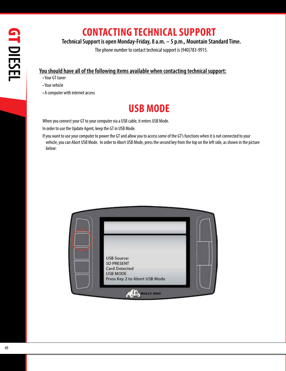 Gt diesel, Contacting technical support, Usb mode | Bully Dog 40420 gauge GT tuner User Manual | Page 50 / 54