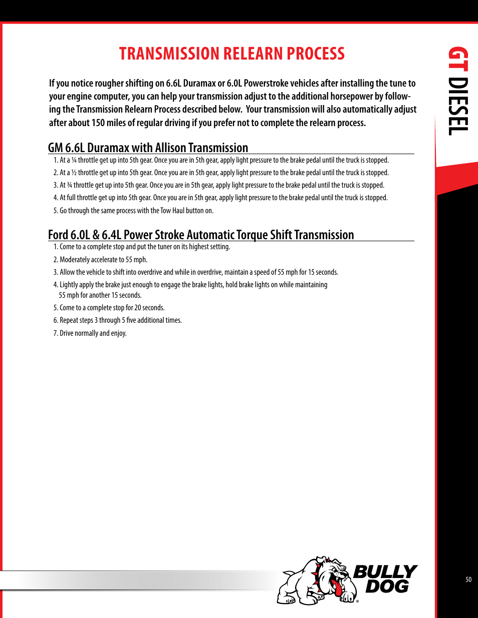 Gt diesel, Transmission relearn process | Bully Dog 40420 gauge GT tuner User Manual | Page 51 / 54