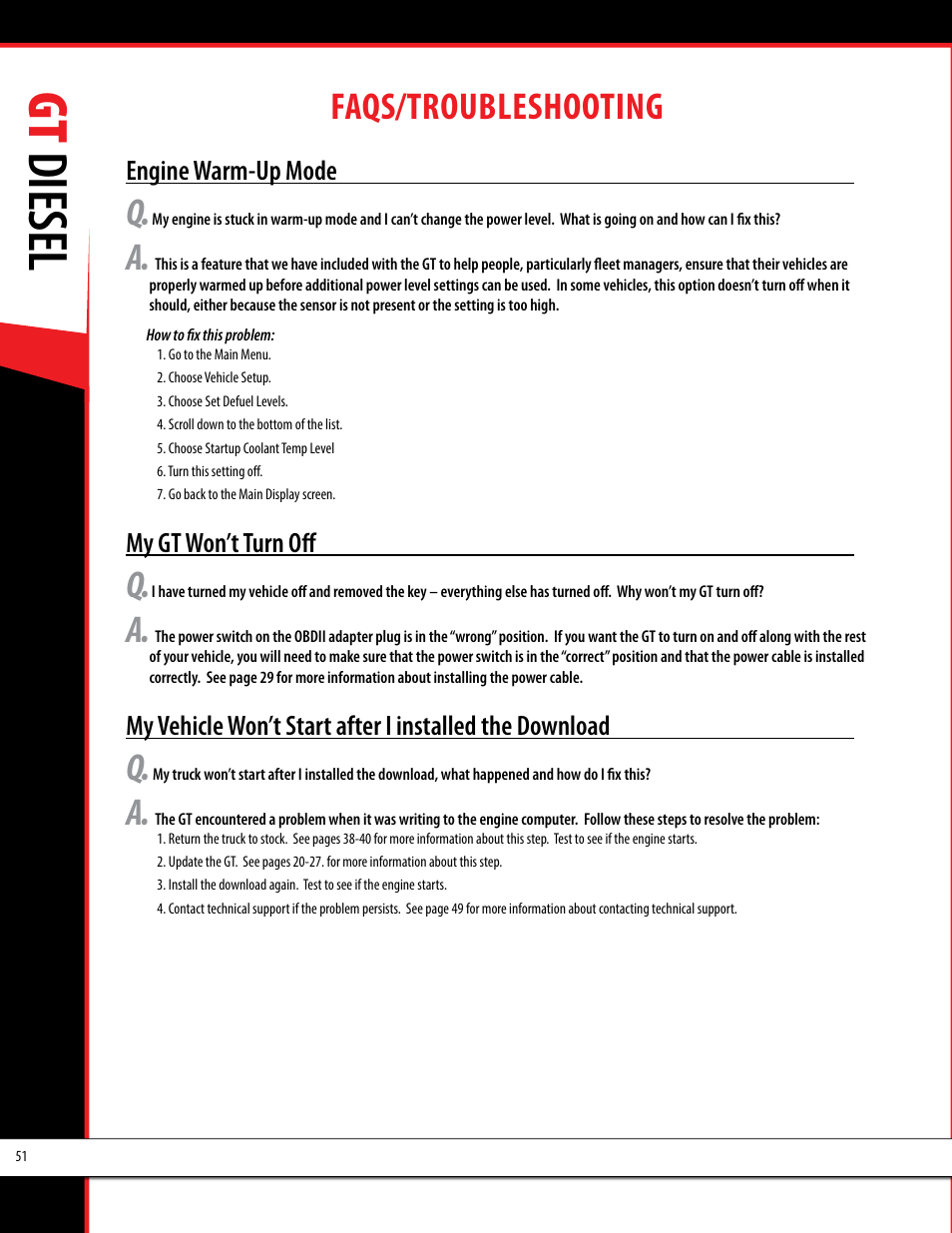 Gt diesel, Faqs/troubleshooting | Bully Dog 40420 gauge GT tuner User Manual | Page 52 / 54