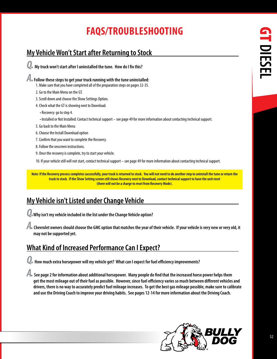 Gt diesel, Faqs/troubleshooting | Bully Dog 40420 gauge GT tuner User Manual | Page 53 / 54