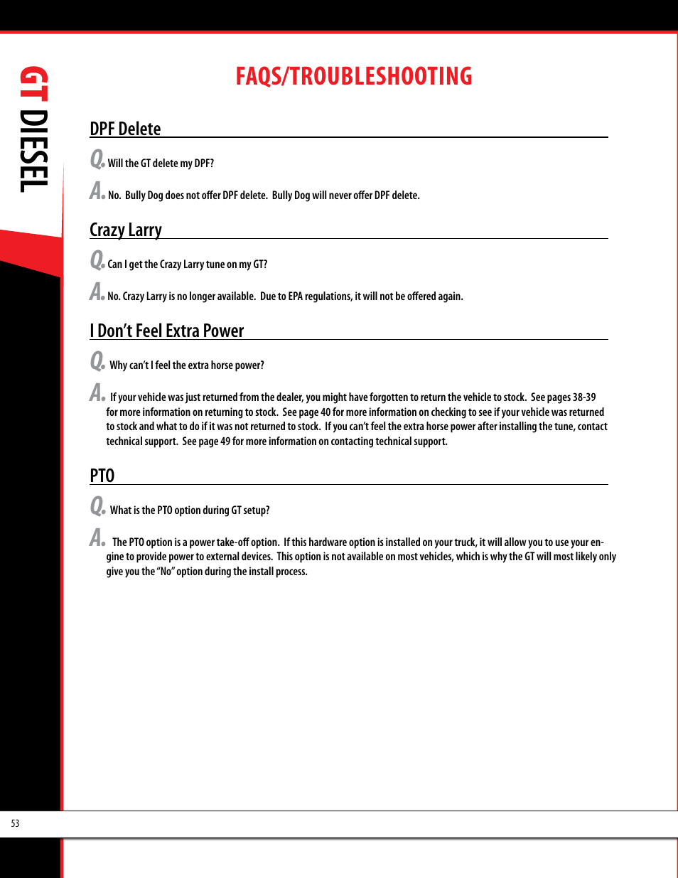 Gt diesel, Faqs/troubleshooting | Bully Dog 40420 gauge GT tuner User Manual | Page 54 / 54