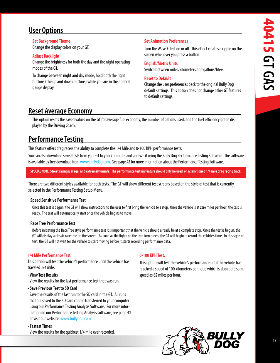 User options, Reset average economy, Performance testing | Bully Dog 40415 gauge GT Gas tuner User Manual | Page 13 / 51