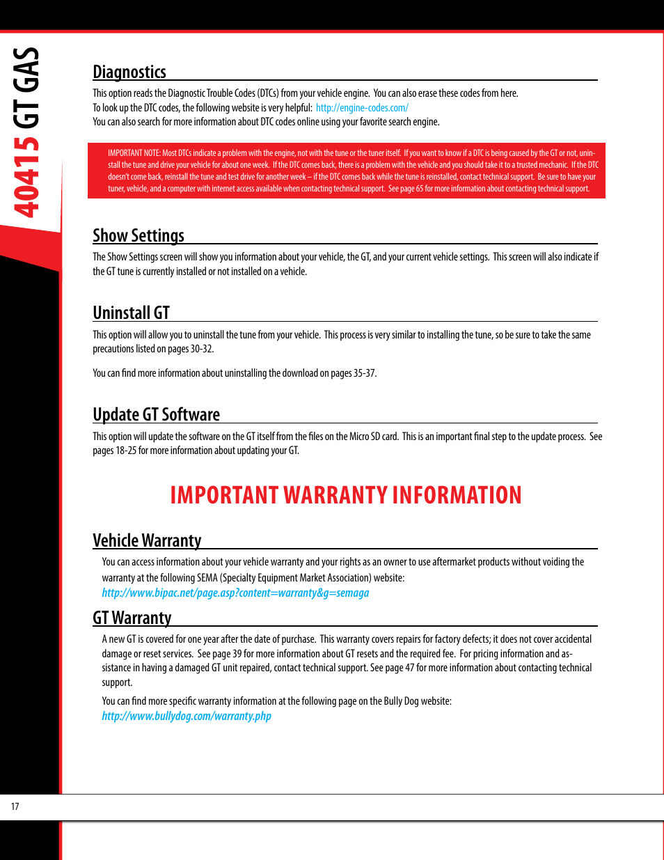 Important warranty information | Bully Dog 40415 gauge GT Gas tuner User Manual | Page 18 / 51