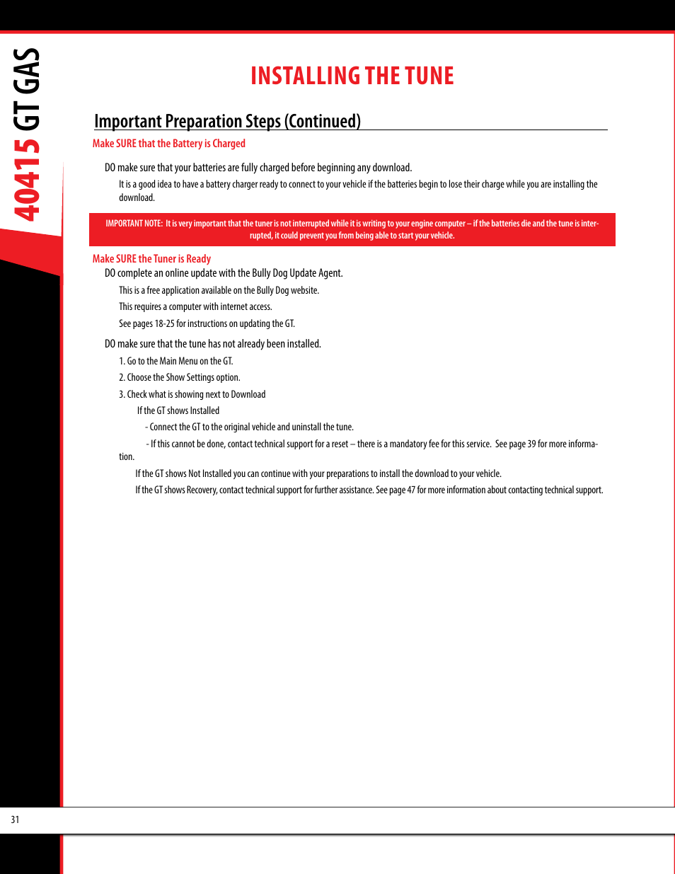 Installing the tune, Important preparation steps (continued) | Bully Dog 40415 gauge GT Gas tuner User Manual | Page 32 / 51