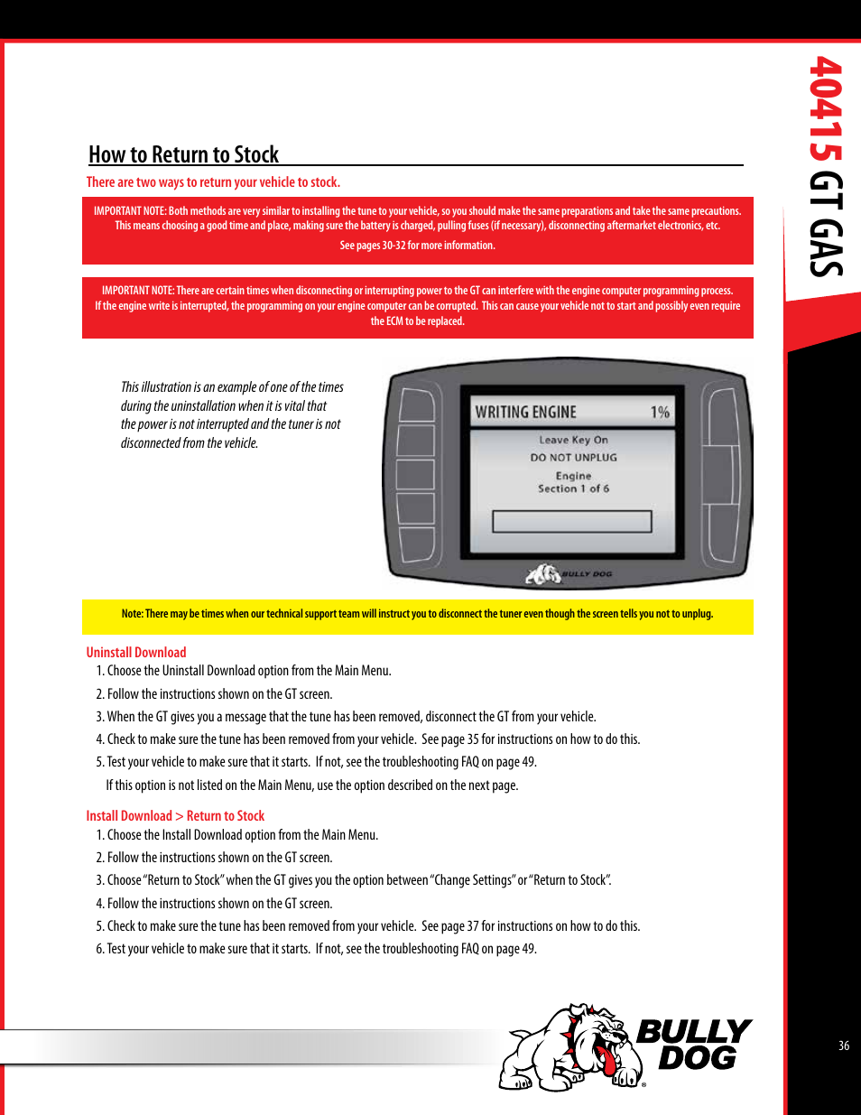 How to return to stock | Bully Dog 40415 gauge GT Gas tuner User Manual | Page 37 / 51