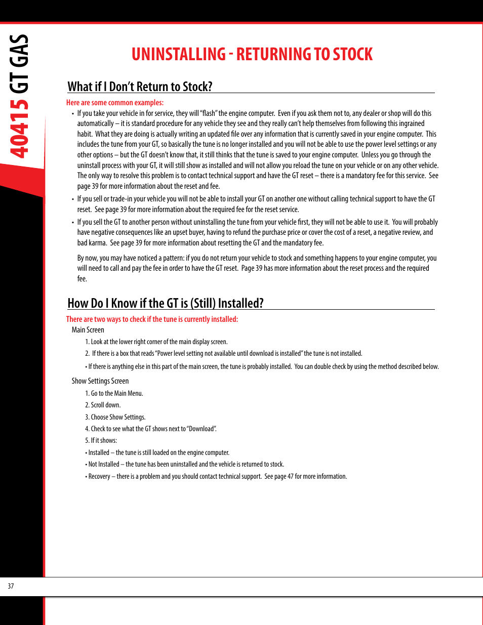 Uninstalling - returning to stock, What if i don’t return to stock, How do i know if the gt is (still) installed | Bully Dog 40415 gauge GT Gas tuner User Manual | Page 38 / 51