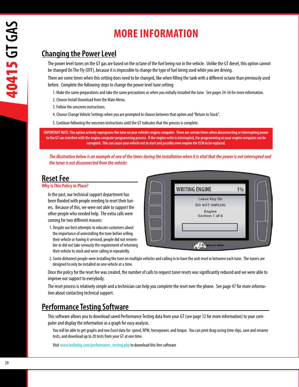 More information, Changing the power level, Reset fee | Performance testing software | Bully Dog 40415 gauge GT Gas tuner User Manual | Page 40 / 51