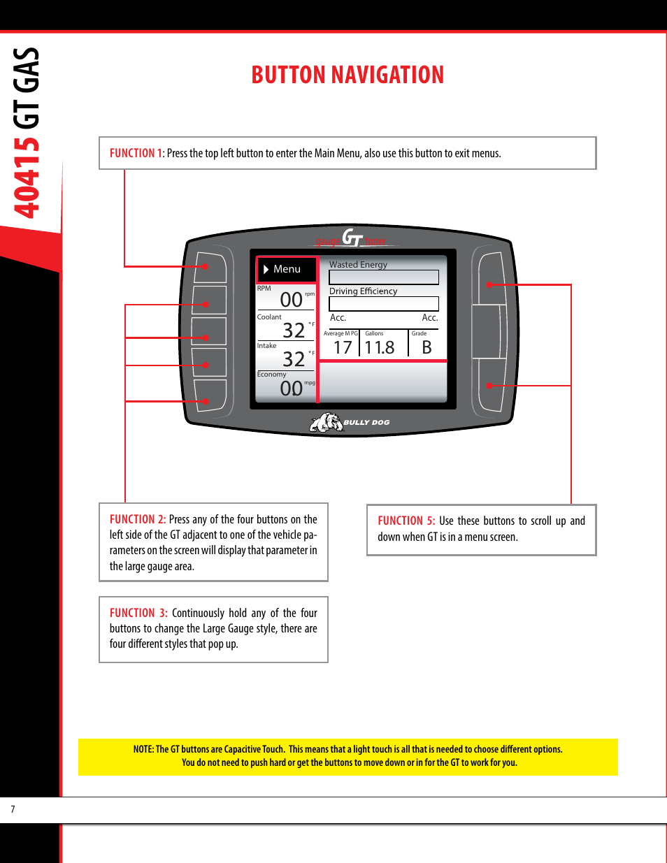 Button navigation | Bully Dog 40415 gauge GT Gas tuner User Manual | Page 8 / 51