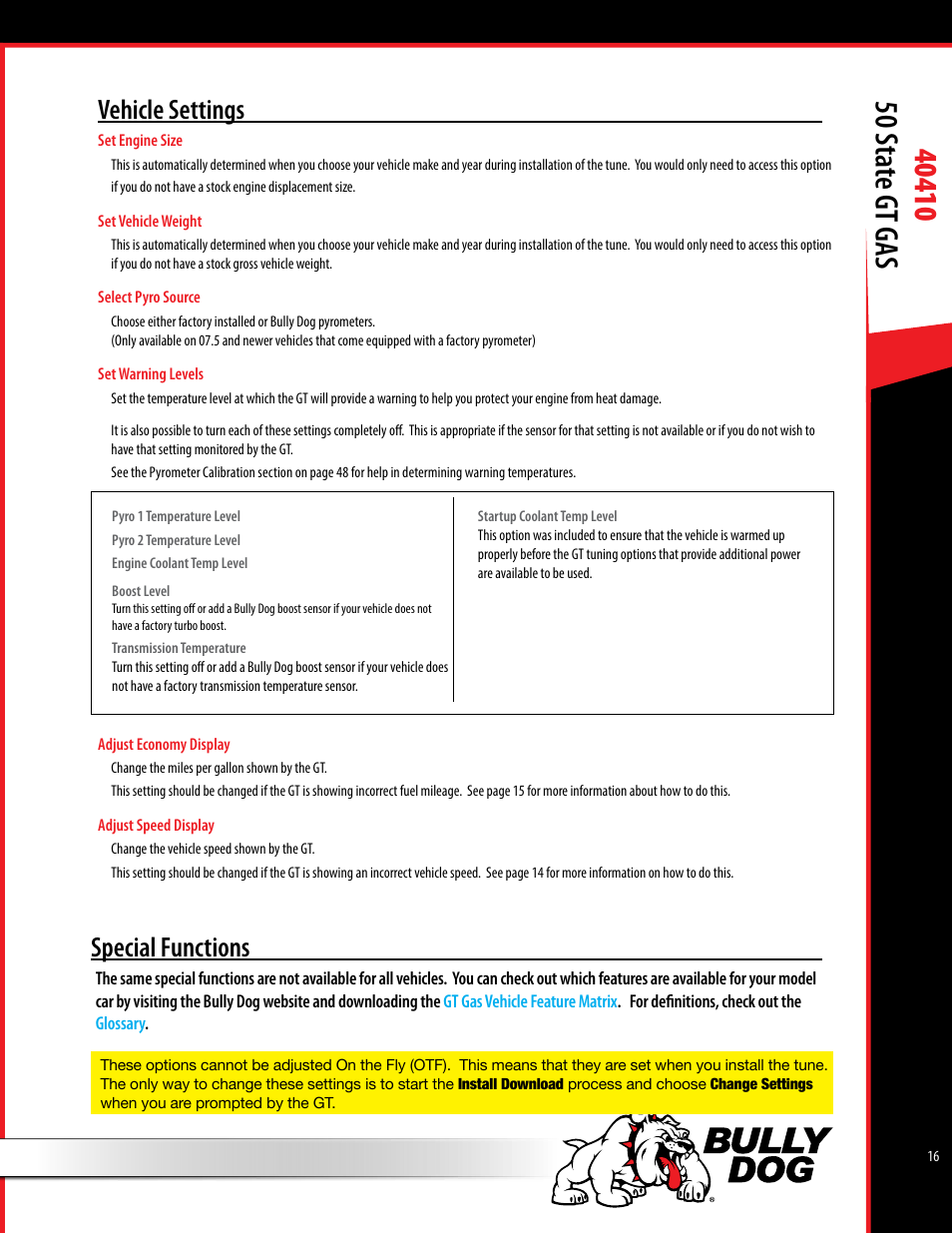 Vehicle settings, Special functions | Bully Dog 40410 50 State Legal GT Gas User Manual | Page 17 / 51