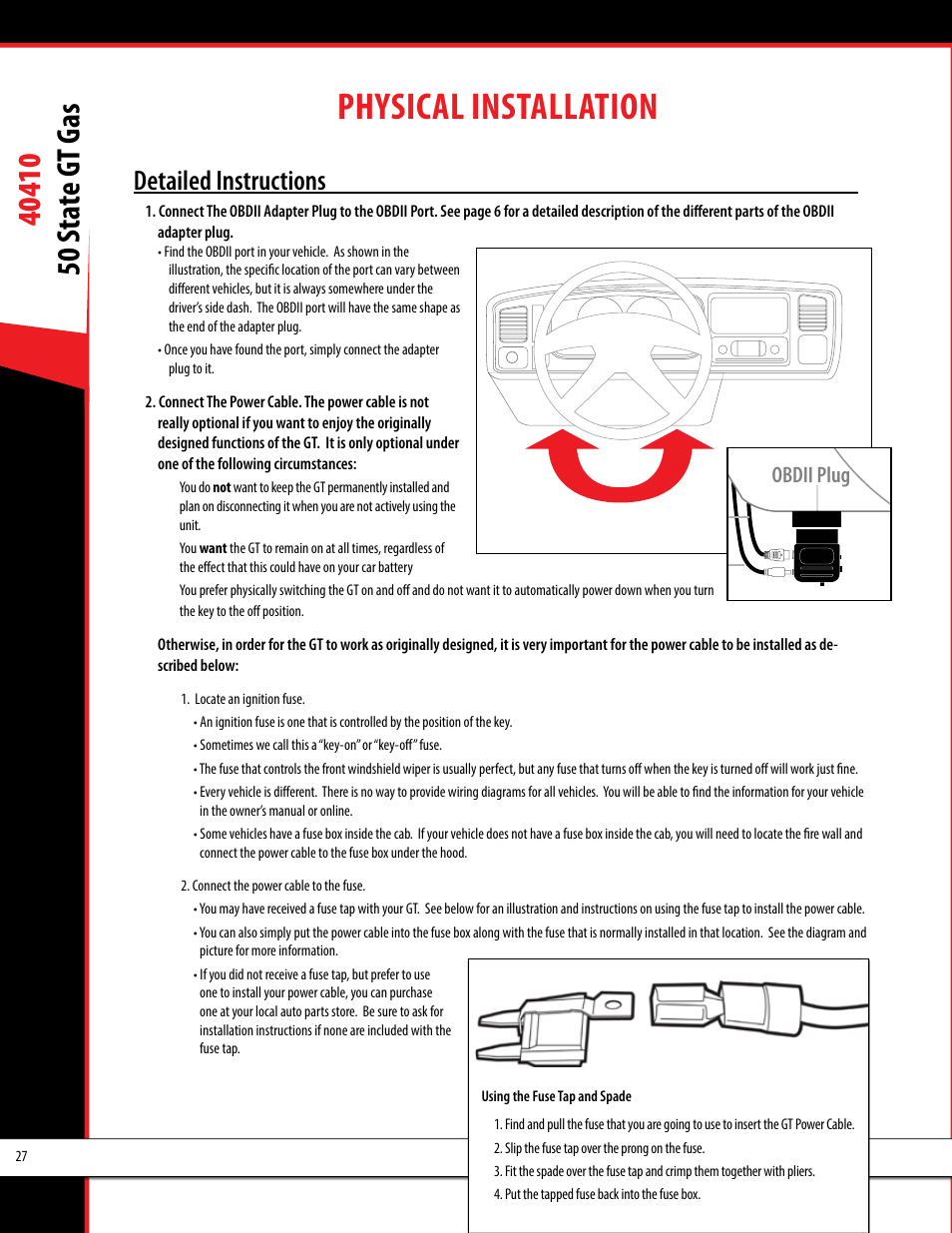 Physical installation, Obdii adapter plug installation diagram, Detailed instructions | Bully Dog 40410 50 State Legal GT Gas User Manual | Page 28 / 51