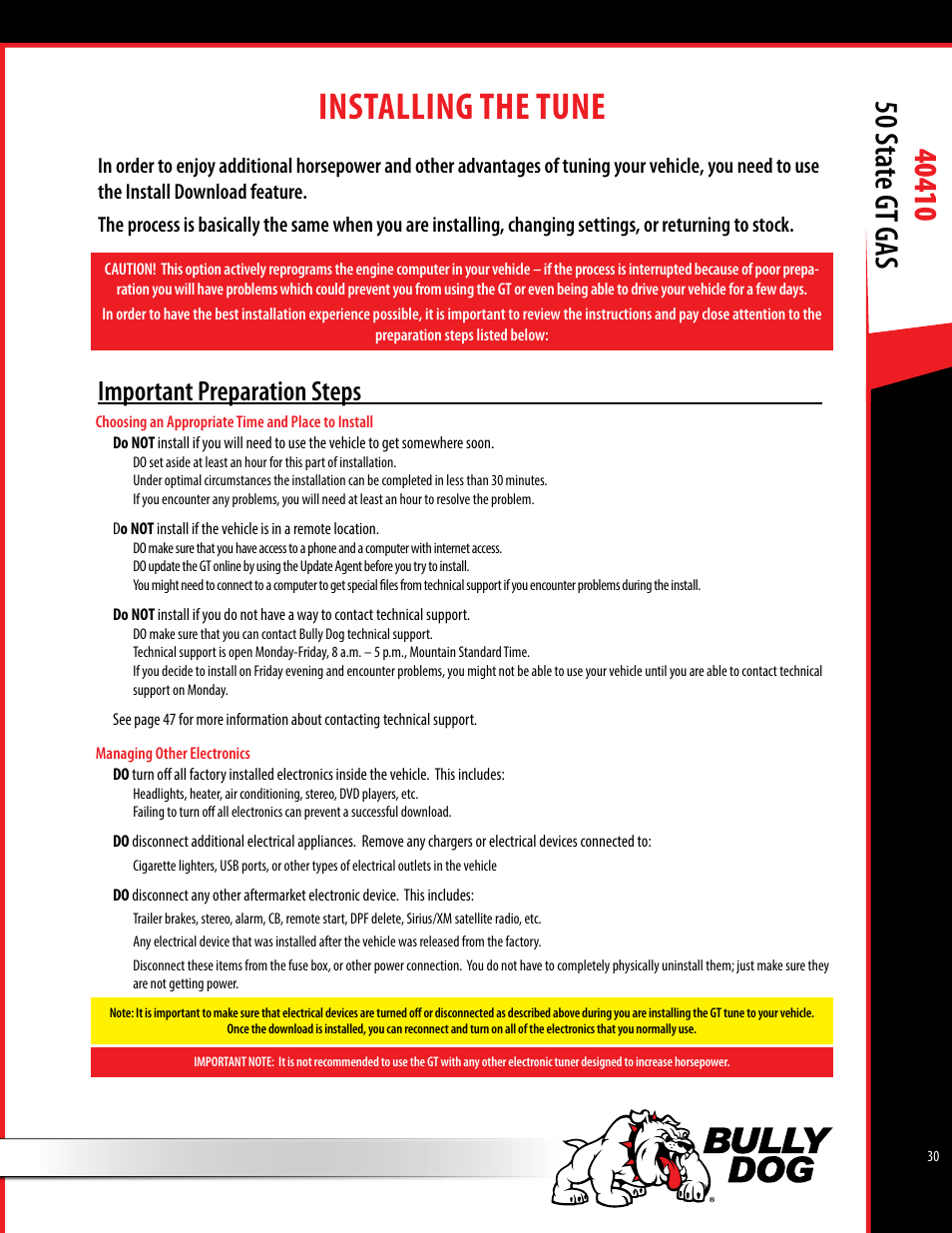 Installing the tune, Important preparation steps | Bully Dog 40410 50 State Legal GT Gas User Manual | Page 31 / 51