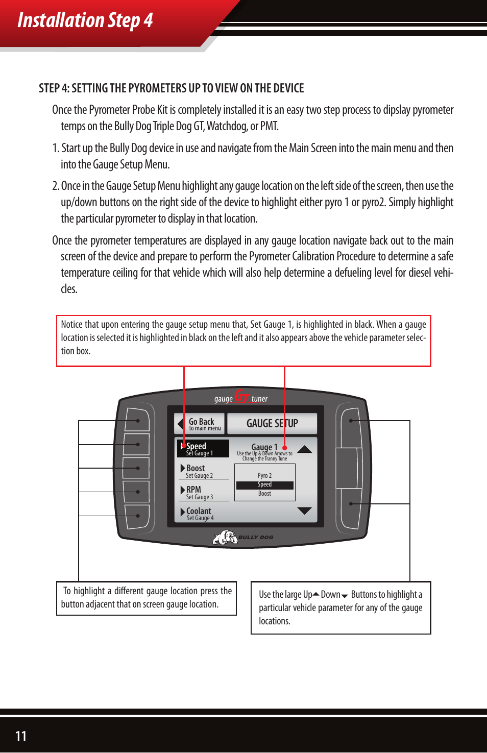 Installation step 4, Gauge setup | Bully Dog 40390 PCH with Pyrometer Lead User Manual | Page 12 / 16