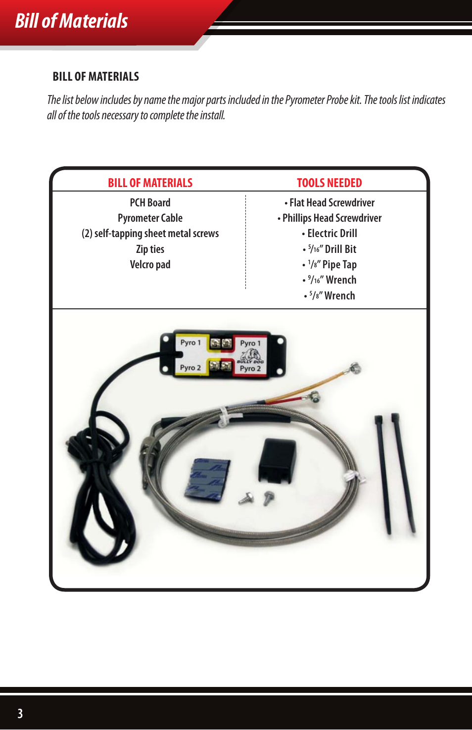 Bill of materials | Bully Dog 40390 PCH with Pyrometer Lead User Manual | Page 4 / 16