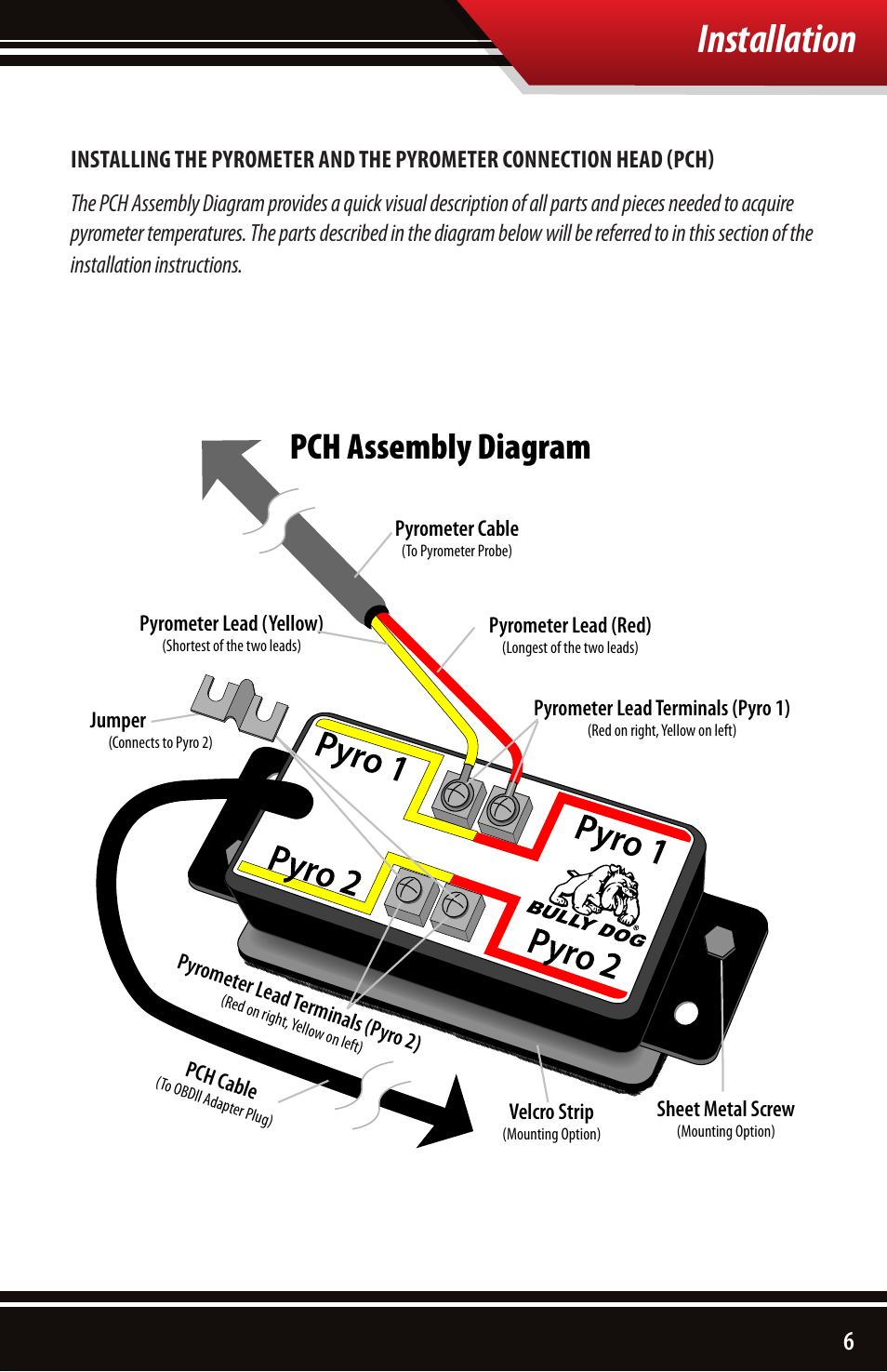 Installation, Pch assembly diagram | Bully Dog 40390 PCH with Pyrometer Lead User Manual | Page 7 / 16