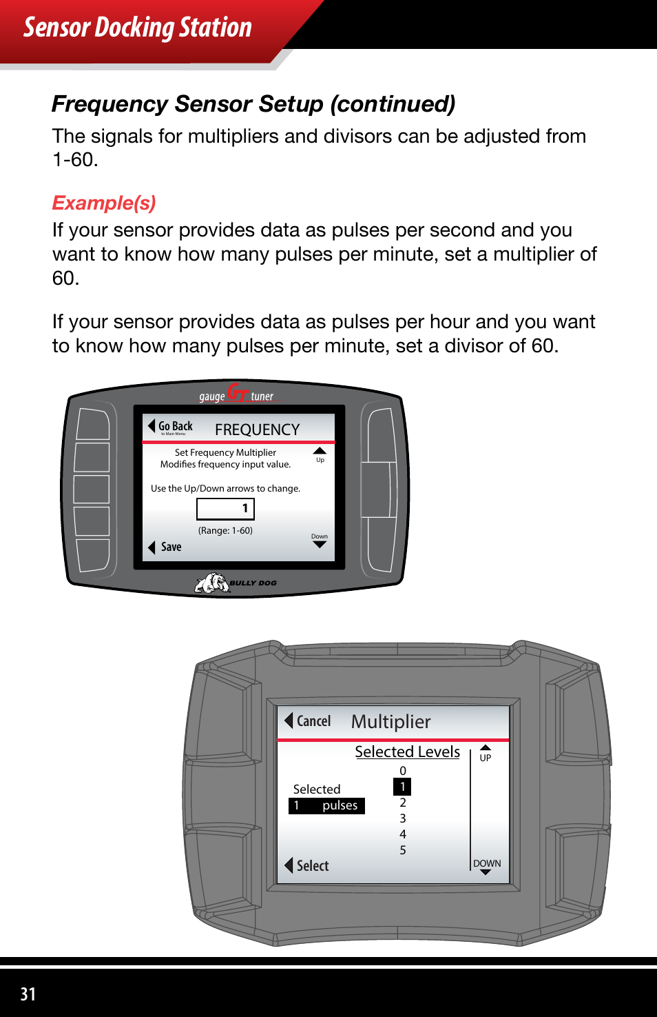 Sensor docking station, Frequency sensor setup (continued), Multiplier | Bully Dog 4038x Sensor Docking Station User Manual | Page 32 / 40