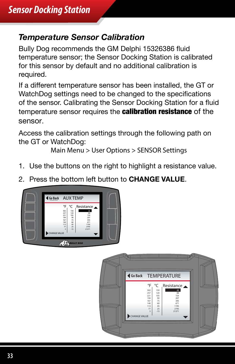 Sensor docking station, Temperature sensor calibration, Calibration resistance of the sensor | Temperature, Aux temp, Go back, F °c resistance | Bully Dog 4038x Sensor Docking Station User Manual | Page 34 / 40